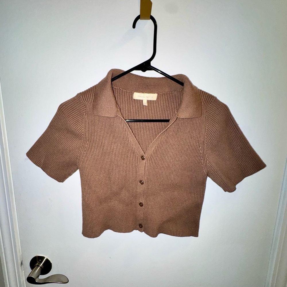 Brown Button Down Ribbed Collared Shirt Crop Top
